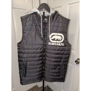 Ecko Unltd Puffer Vest Rhino Logo Quilted Charcoal Gray Hooded Vtg Style Urban M